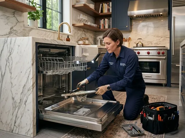 Appliance Repair Hero technician servicing a built-in dishwasher in a Amagansett, NY kitchen