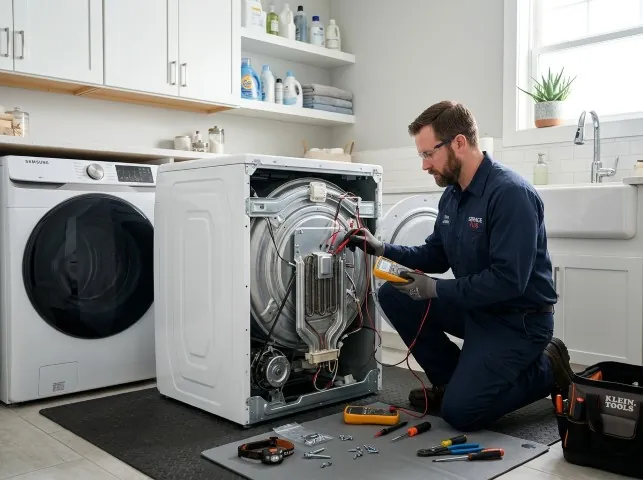 Appliance Repair Hero technician checking a dryer heating element with the rear panel off in Amagansett, NY