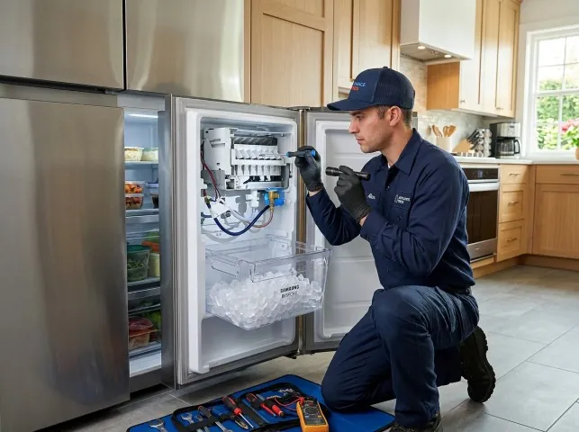 Appliance Repair Hero technician repairing a refrigerator ice maker in Amagansett, NY