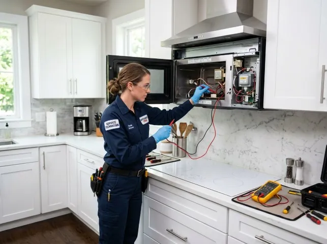 Appliance Repair Hero technician testing an over-the-range microwave in a Amagansett, NY kitchen