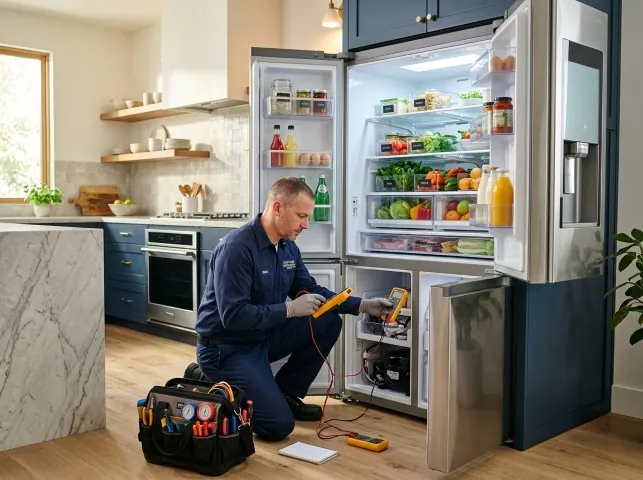 Appliance Repair Hero refrigerator technician testing a fridge on a Amagansett, NY service call