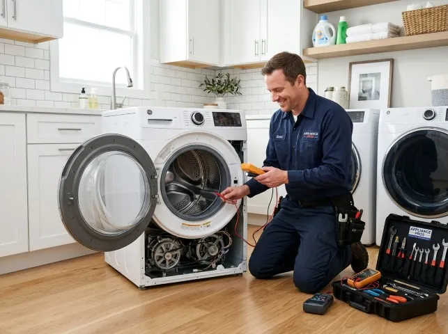 Appliance Repair Hero technician testing a front-load washer with a multimeter on a Amagansett, NY service call